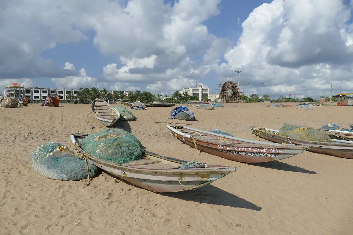 The sea at Puri beach under an overcast sky
